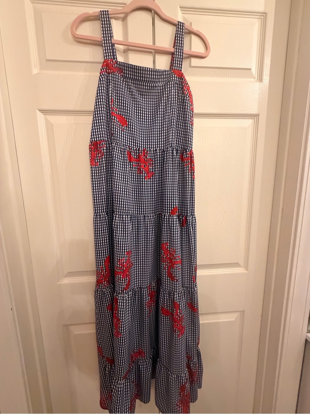 Gingham Tiered Midi Dress with Red Lobster Print